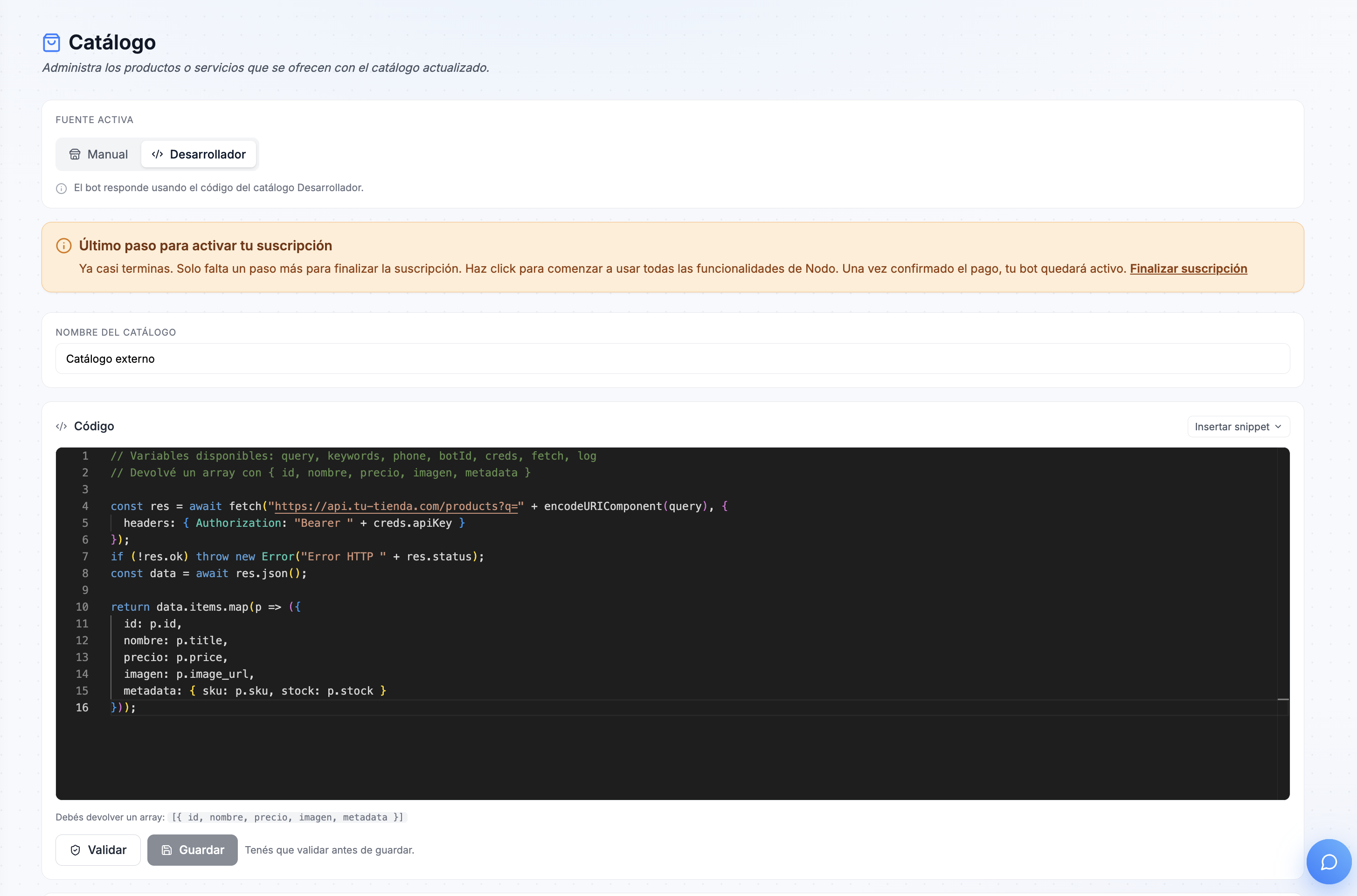 Vista completa del tab Desarrollador con el switch arriba, el editor de código y la card del webhook abajo