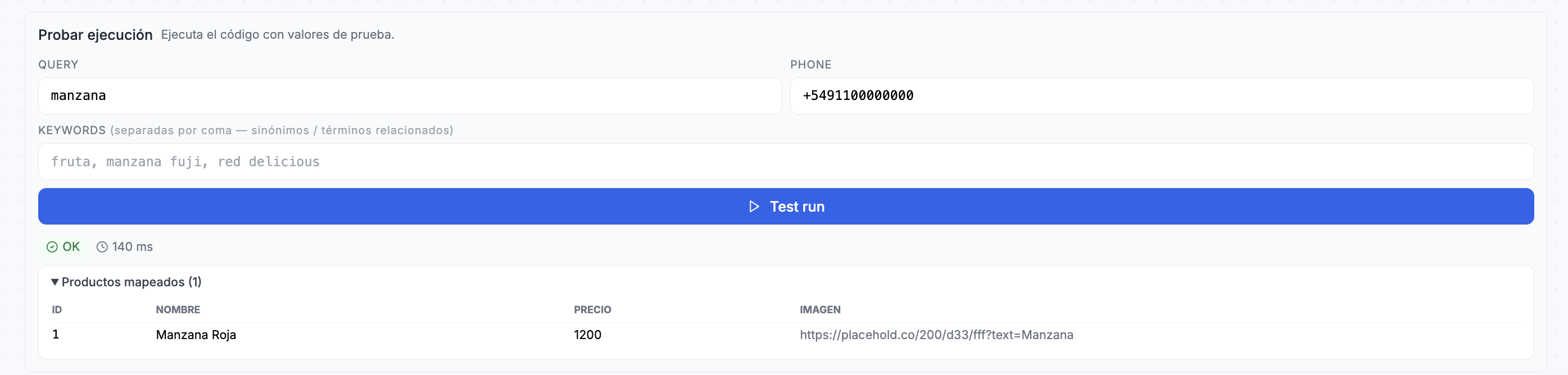 Test run con resultado OK y tabla de Productos mapeados