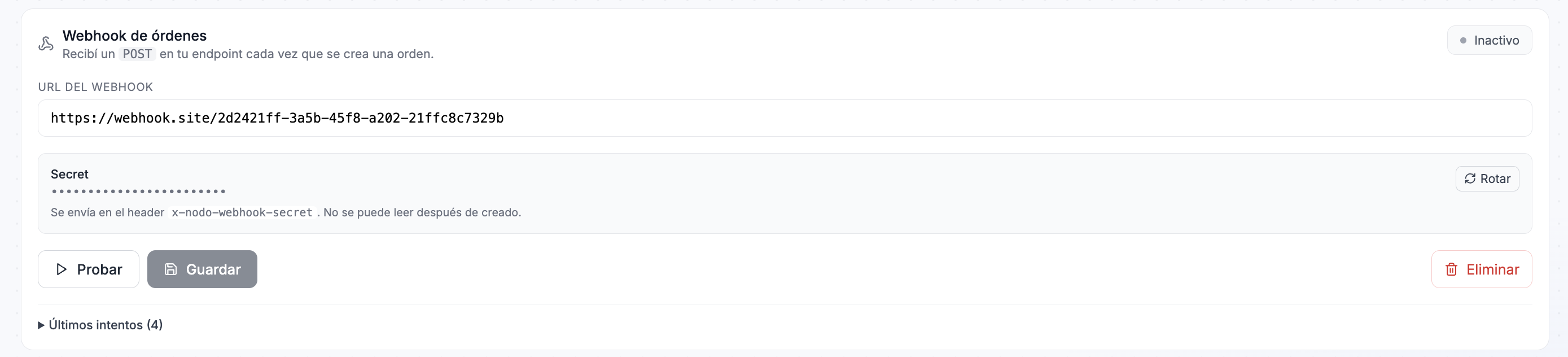 Card del webhook con URL, secret enmascarado y botones